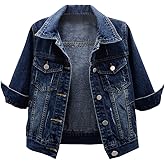LifeShe Women's 3/4 Sleeve Short Denim Jacket Light Cropped Jean Jackets Coats