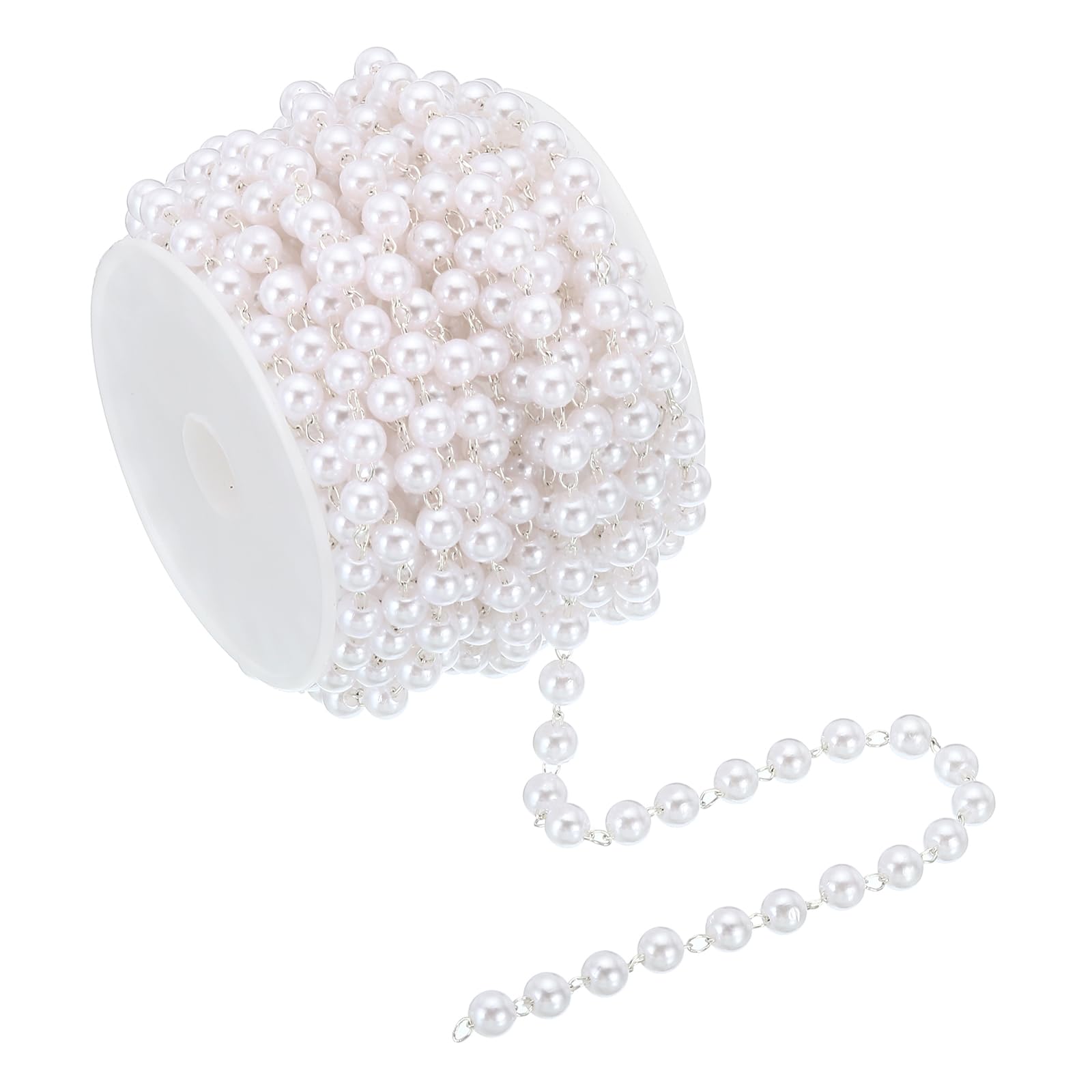 PATIKIL 5m/16 Feet Faux Pearl Beading Chain with Spool, 5mm Brass Chain Link for Decoration Making DIY Accessories Style 1, Light Silver