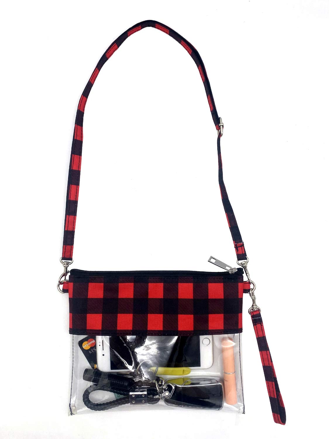 KOSTOO Clear Crossbody Purse Bag, Gym Zippered Tote Bag Clear Toiletry Bag Clear Gameday Bag with Adjustable Shoulder Strap and Wrist Strap for Home, Work and Sports Game (Red)