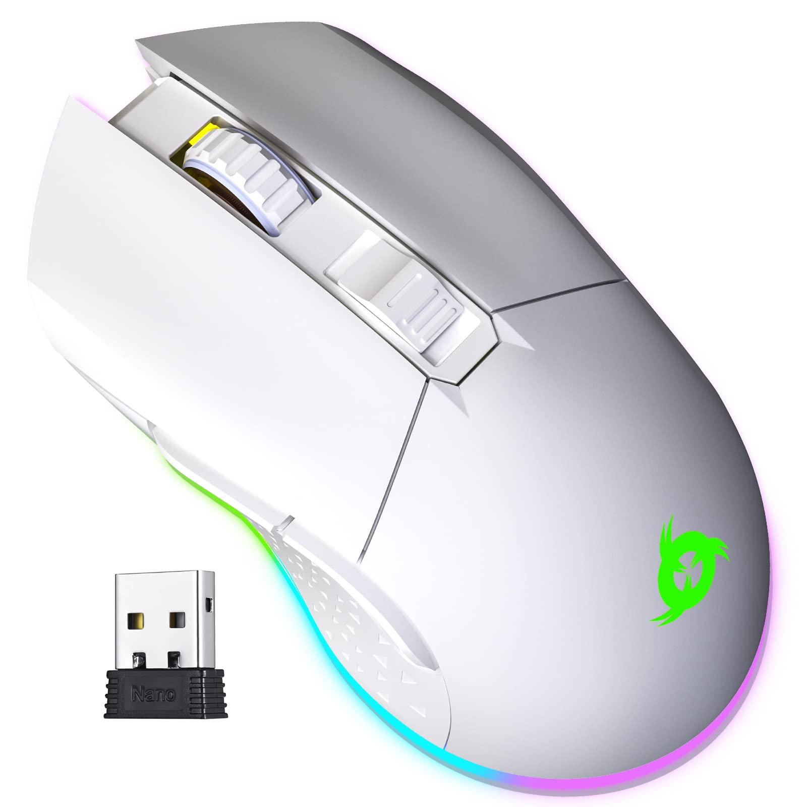 KLIM Blaze Rechargeable Wireless Gaming Mouse RGB + High-Precision Sensor & Long-Lasting Battery + 7 Customizable Buttons + Up to 10000 DPI + Wired and Wireless Mouse for PC Mac PS4 PS5 New - White