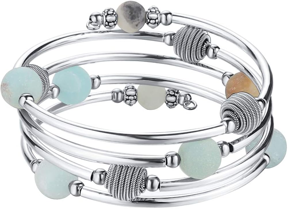 PEARL&CLUB Beaded Chakra Bangle Turquoise Bracelet - Fashion Jewelry Wrap Bracelet with Thick Silver Metal and Mala Beads, Birthday Gifts for Women (A:Turquoise): Jewelry