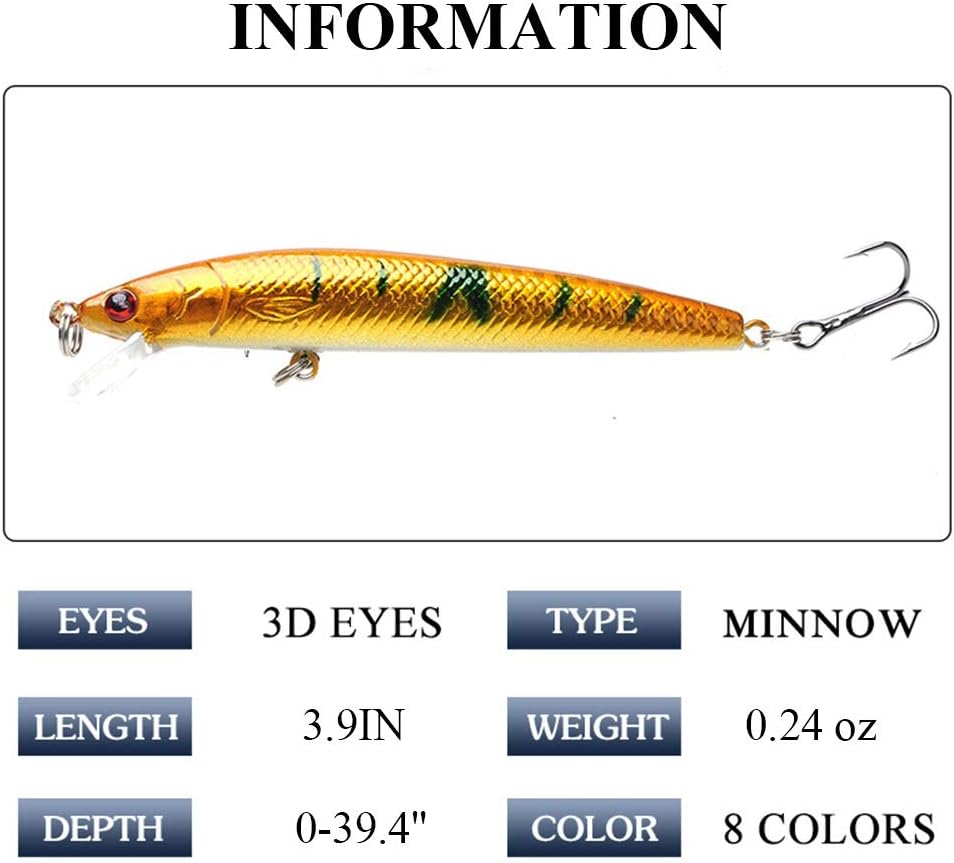 ROZKITCH 8 Pcs Fishing Lures Minnow Lures Topwater Baits Jigs Set for Bass Trout Salmon Saltwater/Freshwater Minnow Fishing Baits Kit, Length 3.9 Inches : Sports & Outdoors