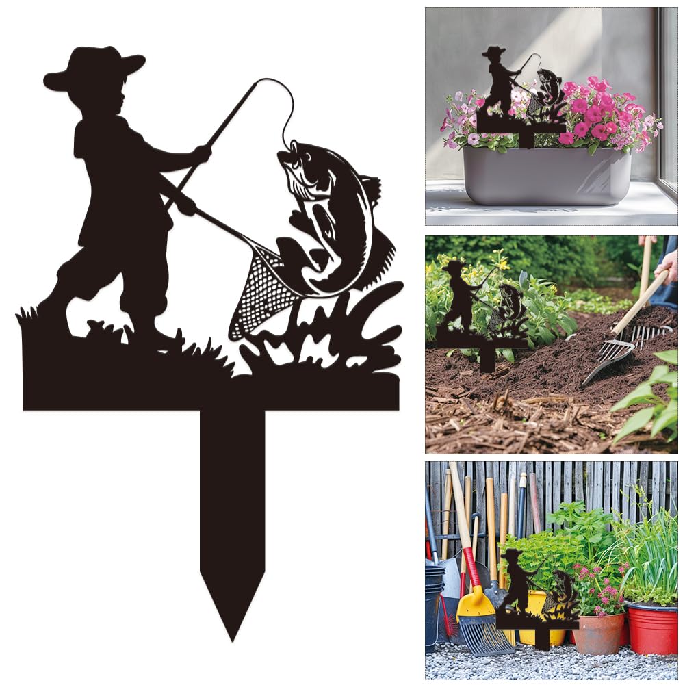 INFUNLY Fishing Garden Yard Stake Black Garden Sign Plaque Plastic Flowers Garden Sign with Stake 7x10.5" Yard Sign with Stakes for Patio Outdoor Garden Decorations Lawn Ornaments Gift