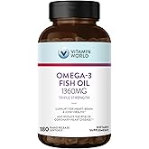 Vitamin World Triple Strength Omega 3 Fish Oil 1360 mg Supplement, 950 mg Active Omega-3 Fatty Acids with EPA & DHA, Supports Heart, Brain & Joint Health, Gluten Free, 180 Softgels, 6 Months Supply