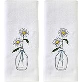 SKL Home Daisies in Vase 100% Cotton Embroidered 2pc Hand Towel Set, Decorative for Bath/Kitchen/Bar & Gift, Optic White