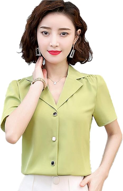 Amazon Co Jp 半袖シフォンカーディガンシャツ女性の夏のドレス緩いデザインスーツ襟シャツシャツ グリーン Xl ホーム キッチン