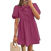 ZESICA Women's Summer Short Sleeve Tie Front Mini Dress Cute Babydoll Ruffle Pleated A Line Tunic Dresses