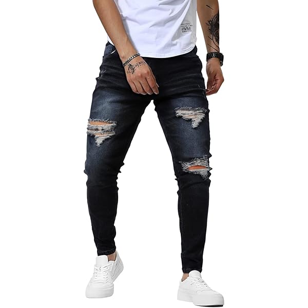 SWJGLITTR Men's Ripped Denim Jeans Skinny Distressed Holes Tight