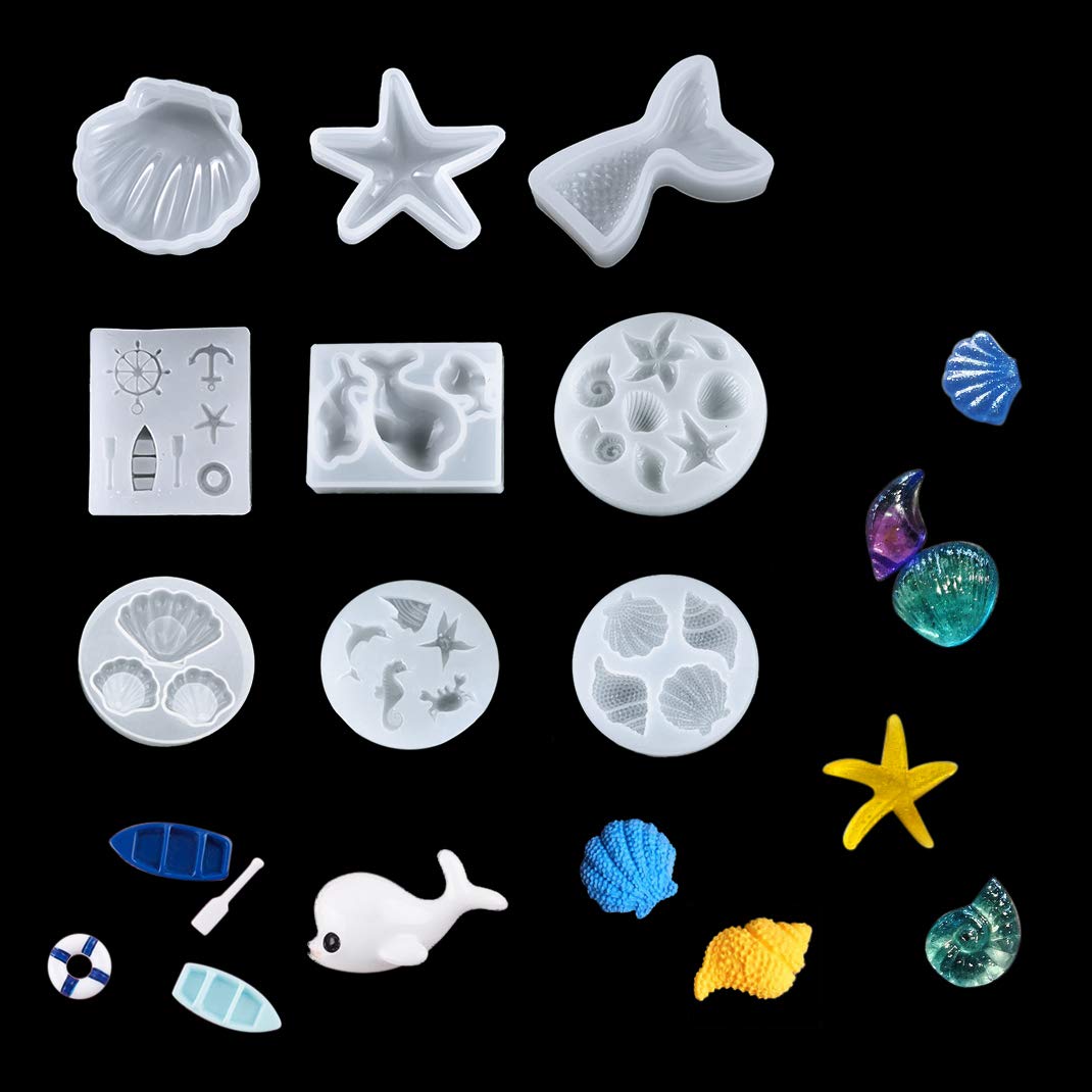 iSuperb 9 Pcs Resin Molds Sea Animals, Silicone Fondant Moulds Seashell Shaped, Resin Casting Mould for DIY Keychain Resin Art Jewelry Making Pendant Crafts