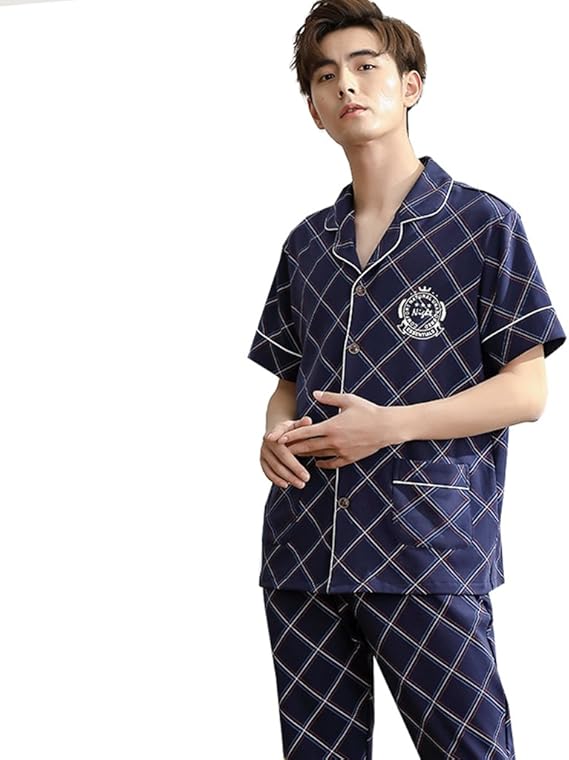 Amazon Co Jp テンカ パジャマ メンズ 半袖 春夏 綿100 前開き 上下セット 寝間着 ルームウェア ポケット付 チェック柄 部屋着 服 ファッション小物