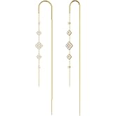 MBW Gold Plated Threader Earrings for Women, 14K Dangle Long Chain Drop Earrings Dangling, Dainty Elegant Dangly Ear Chain with Tassel and Cubic Zirconia for Wedding Hoco Trendy Jewelry Accessories