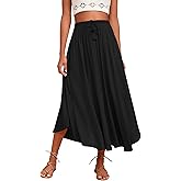 Zeagoo Womens Flowy Pleated Skirts A Line Elastic High Waisted Midi Skirt Boho Casual Long Skirts Brown Leaf Print XXL