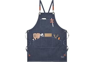 SHAWNTOO Chef Aprons for Men Women with Large Pockets, Cotton Canvas Cross Back Heavy Duty Adjustable Work Apron,Kitchen Cooking M-XXL(Blue)