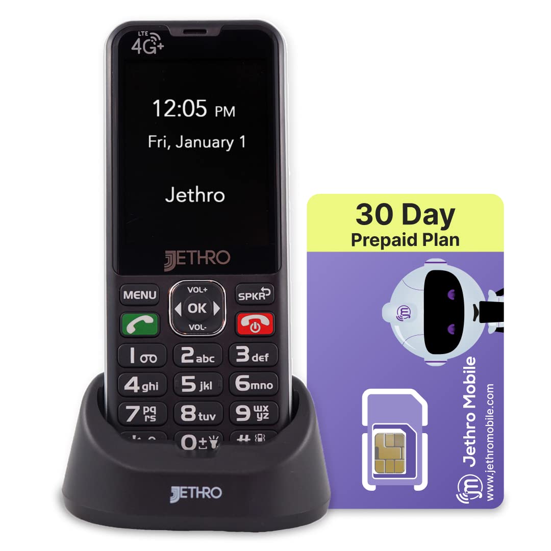 Jethro SC490 4G LTE Cell Phone for Seniors with 30 Day Prepaid Plan: 150 Talk & 150 Texts, No Internet (Black)