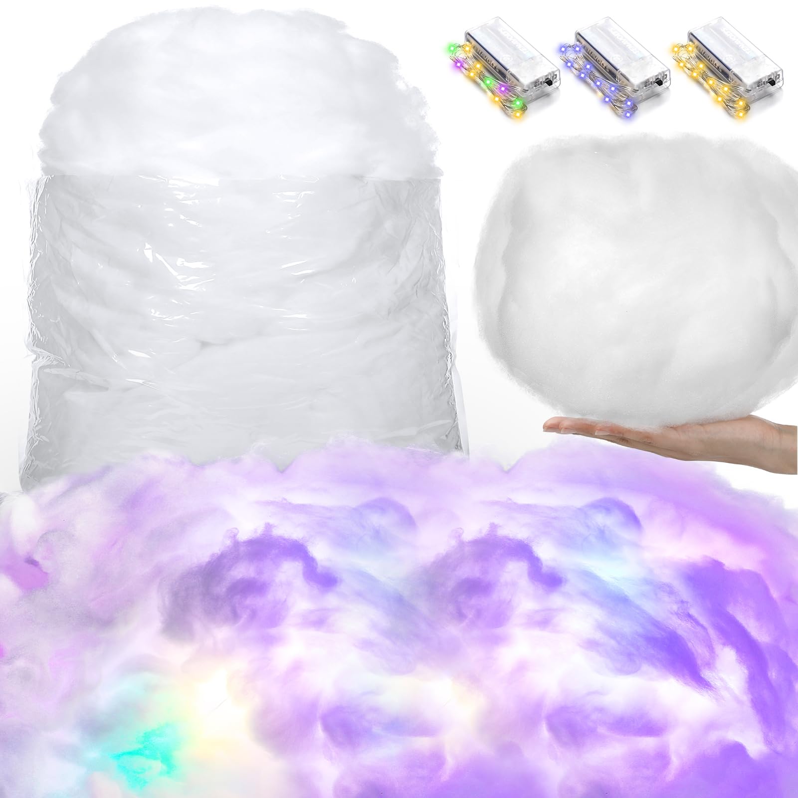 Photo 1 of 28.16 Ounce Fake Clouds Cotton Decoration, Halloween LED Clouds 3D Artificial Snow with 3 LED Strings Light Battery Operated (Not Included) Faux Fluffy Cotton for Christmas Table Wall Hanging