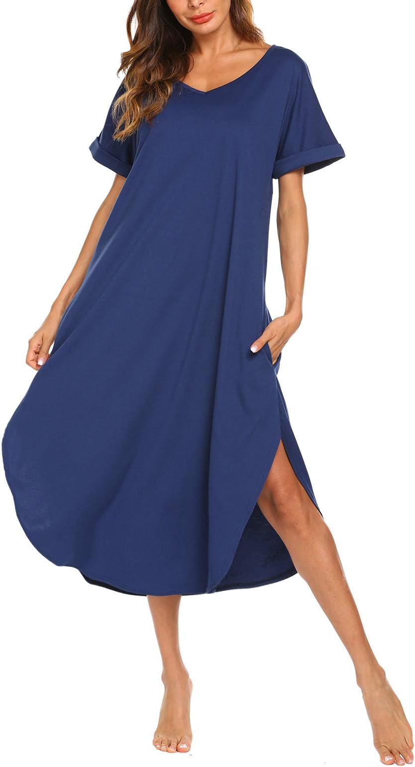 Women's Long Nightgown Cotton V Neck Sleepwear Short Sleeve Loungewear