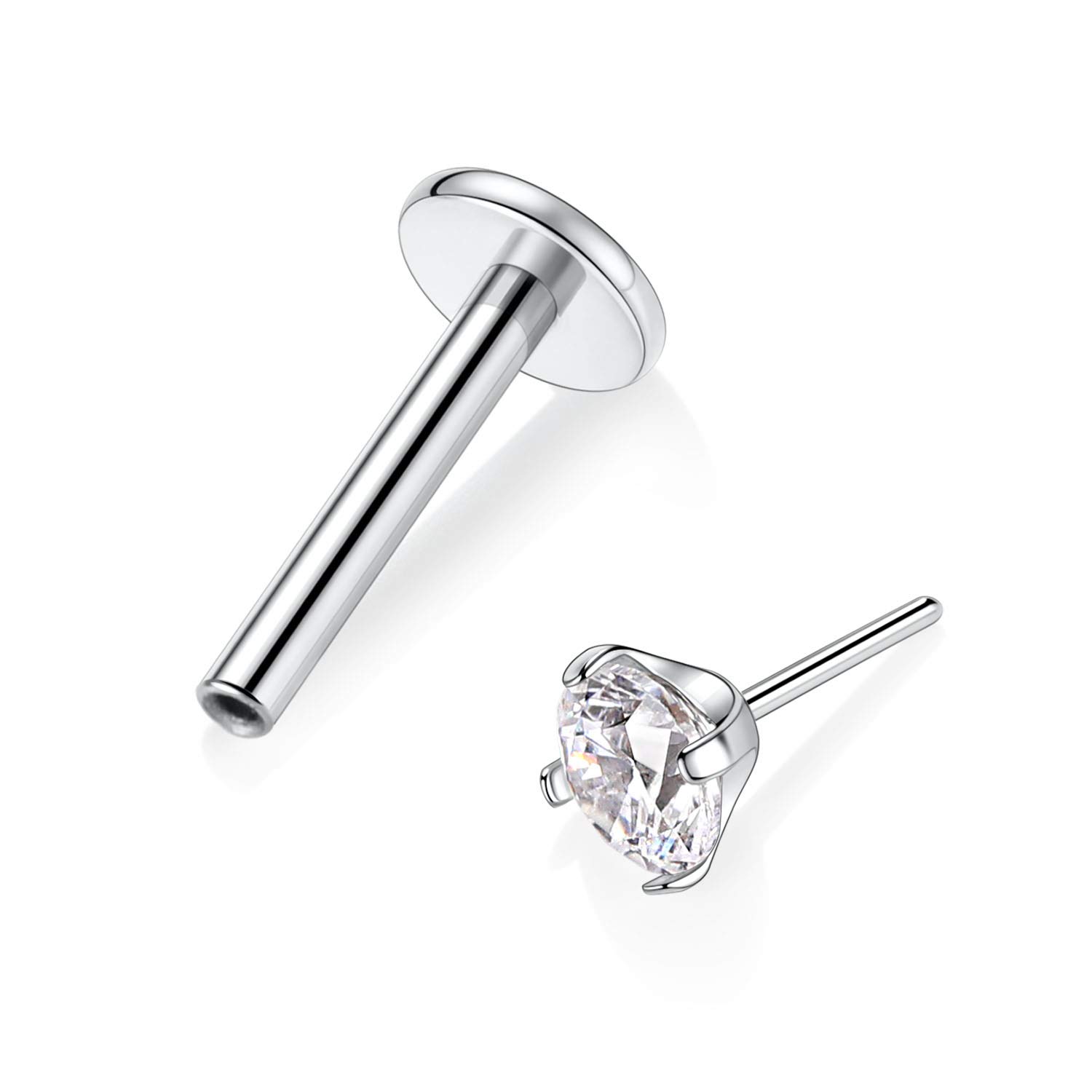 hengkaixuan Flat Back Labret Stud 16G G23 Titanium 4mm CZ Tragus Studs 8mm Monroe Piercing Threadless Push-in Lip Studs Silver Helix Cartilage Conch Earring Women Girls Piercing Jewellery