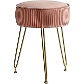 IBUYKE Velvet Round Footrest Ottoman, Makeup Vanity Stool Side Table, Velvet Dressing Table Seat, Pouf Couch Stool, Golden Steel Legs, Pink LG-30P
