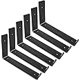 Shelf Brackets 8 Inch, Heavy Duty Black Metal Floating Shelf Bracket, Rustic Farmhouse Decorative Iron L Bracket with Lip/Hook, J Brackets Wall Angel Corner Brace for Wood Shelves - 6 Pack
