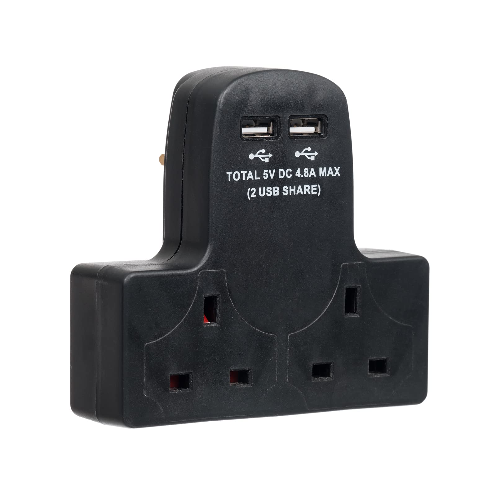 Invero 2 Way Gang Cable-Free Multi-Plug 13A Wall Socket Adaptor with 2x USB Charging Ports 4.8A - Black — image 1