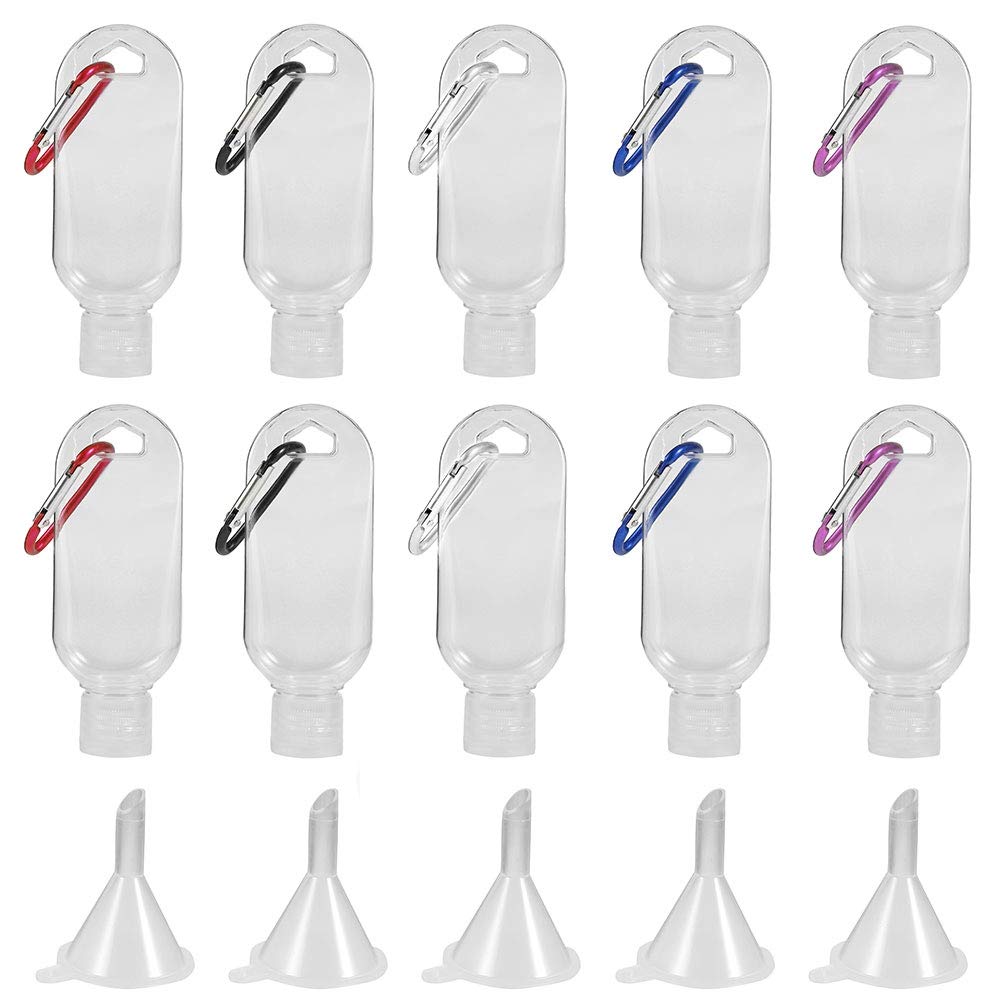 10pcs 50ml Refillable Bottles Clear Keychain Bottles with Flip Caps and 5pcs Funnel,Travel Leakproof Refillable Empty Bottles Portable Squeeze Containers for Cosmetics Toiletries Liquids