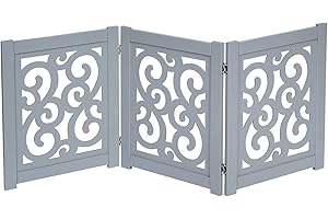 HOME DISTRICT Dog Gate Freestanding Pet Gate 4-Panel & 3 Panel Pet Gate for Dogs Folding Dog Gate Quadfold & Trifold Pet Gate for Small Dogs Decorative Pet Gate for Dogs Indoor, Grey Scroll 47" x 19"