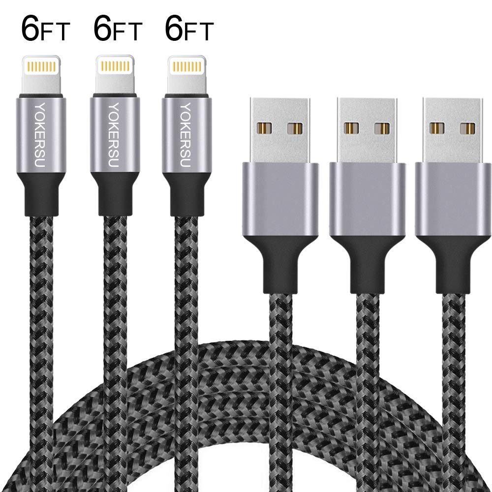 YOKERSU Phone Charger 3PACK 6Feet Extra Long Nylon Braided Charging Cable Cord to USB Cable Charger Compatible with Phone X/8/7/6S/6/Plus/5S/SE/5C