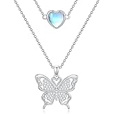OUTANG Butterfly Layered Necklace for Women 925 Sterling Silver Heart Moonstone Butterfly Pendant Ladies Jewelry Gifts