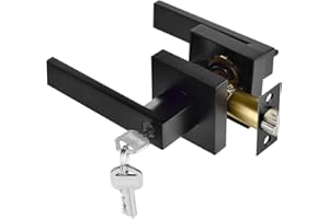 Entry Door Handle Lever with Lock Key, Black Square Heavy Duty Door Knob for Use Entry, Passage, Bathroom, Office, Bedroom, F
