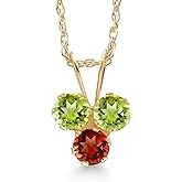 Gem Stone King 14K Yellow Gold Green Peridot and Red Garnet 3-Stone Pendant Necklace For Women (0.39 Cttw, Gemstone August Birthstone, Round 3MM, 18 Inch Chain)