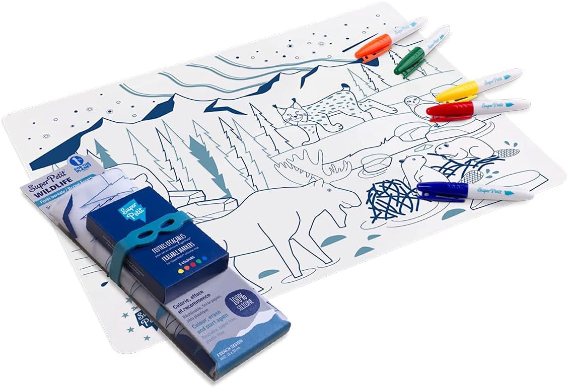SUPER PETIT, Boreal Colouring Place Mat, 5 Felt-Tip Pens and Bracelet Supplied, Easy to Clean, Reusable, Antibacterial