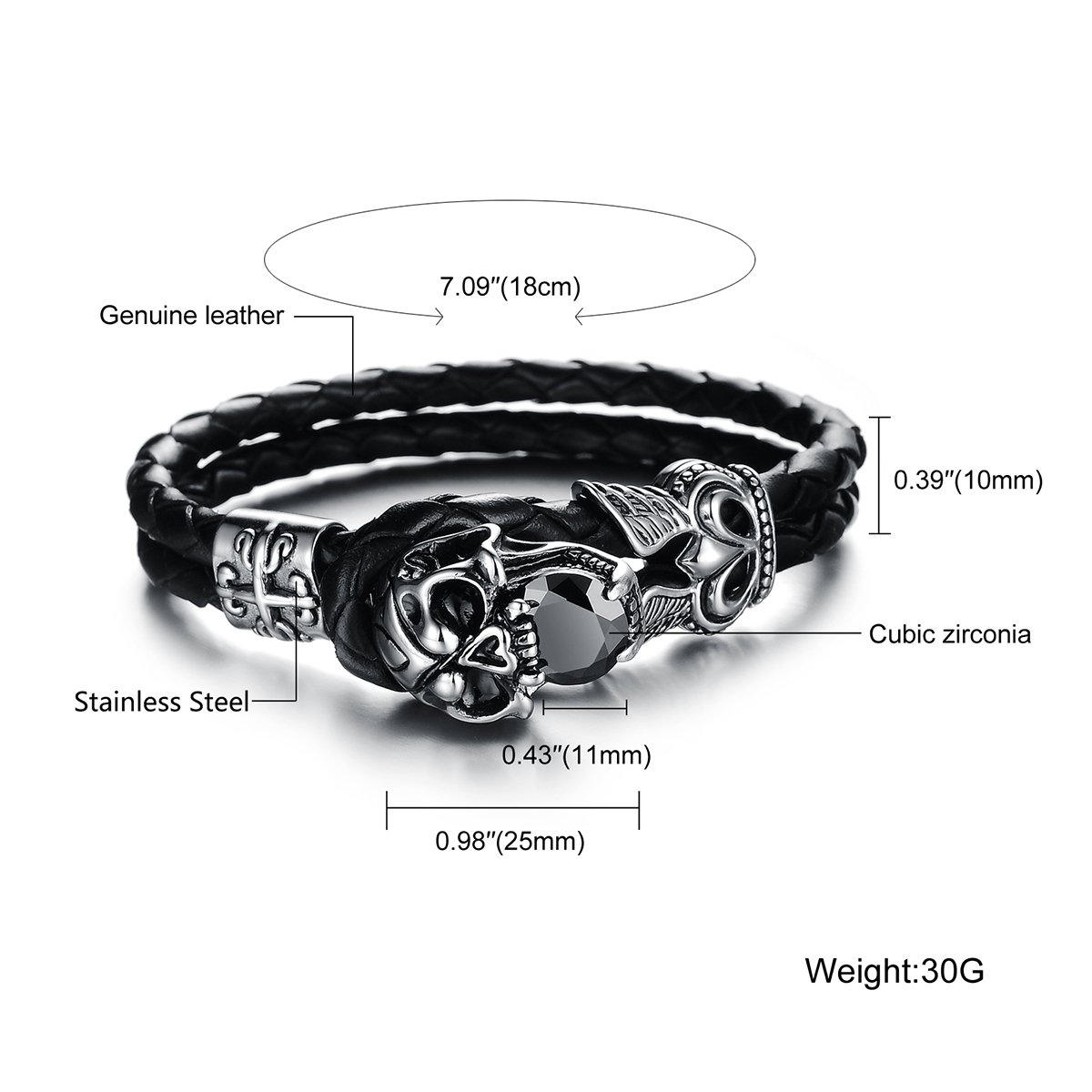 JewelryWe Stainless Steel Gothic Skull Leather Biker Men's Bracelet, Colour Black Silver (with Gift Bag)