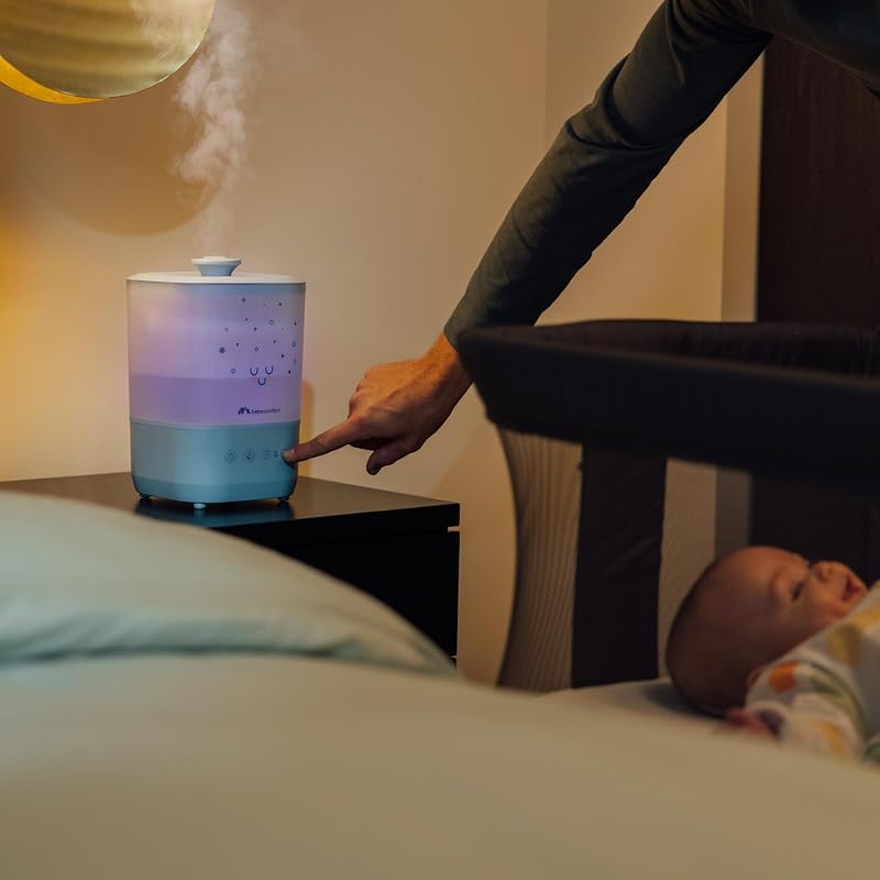 Humidificateur D'air Bébé Cool-Mist, Veilleuse Bébé 7 Couleurs, Technologie Ultrasonique (Jusqu'à 48h), Réservoir Easy-Fill 2,1 l, Arrêt Automatique, Brosse de Nettoyage Incluse, Bleu