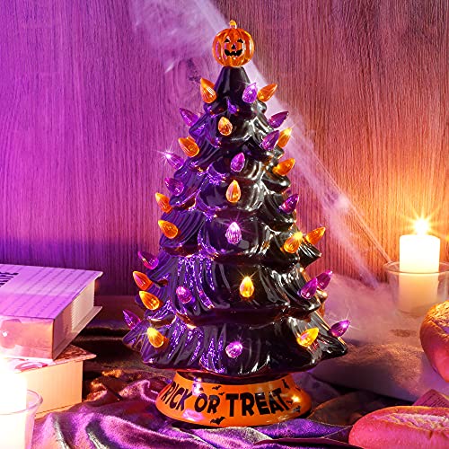 Blissun 12" Halloween Decorations Ceramic Tree, HandPainted Black Christmas Tree, Battery