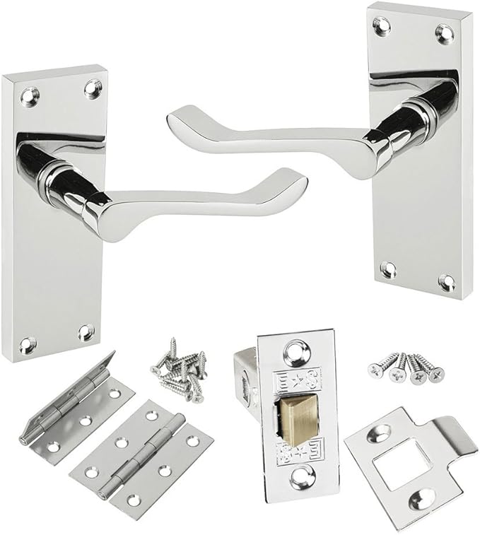 5 Sets of Victorian Scroll Latch Door Handles Polished Chrome Hinges