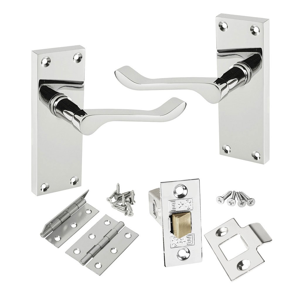 HANDLESTORE Victorian Scroll Door Handle Pack – Polished Chrome Finish, Pair of Handles with 2.5" Tubular Latch & 3" Hinges