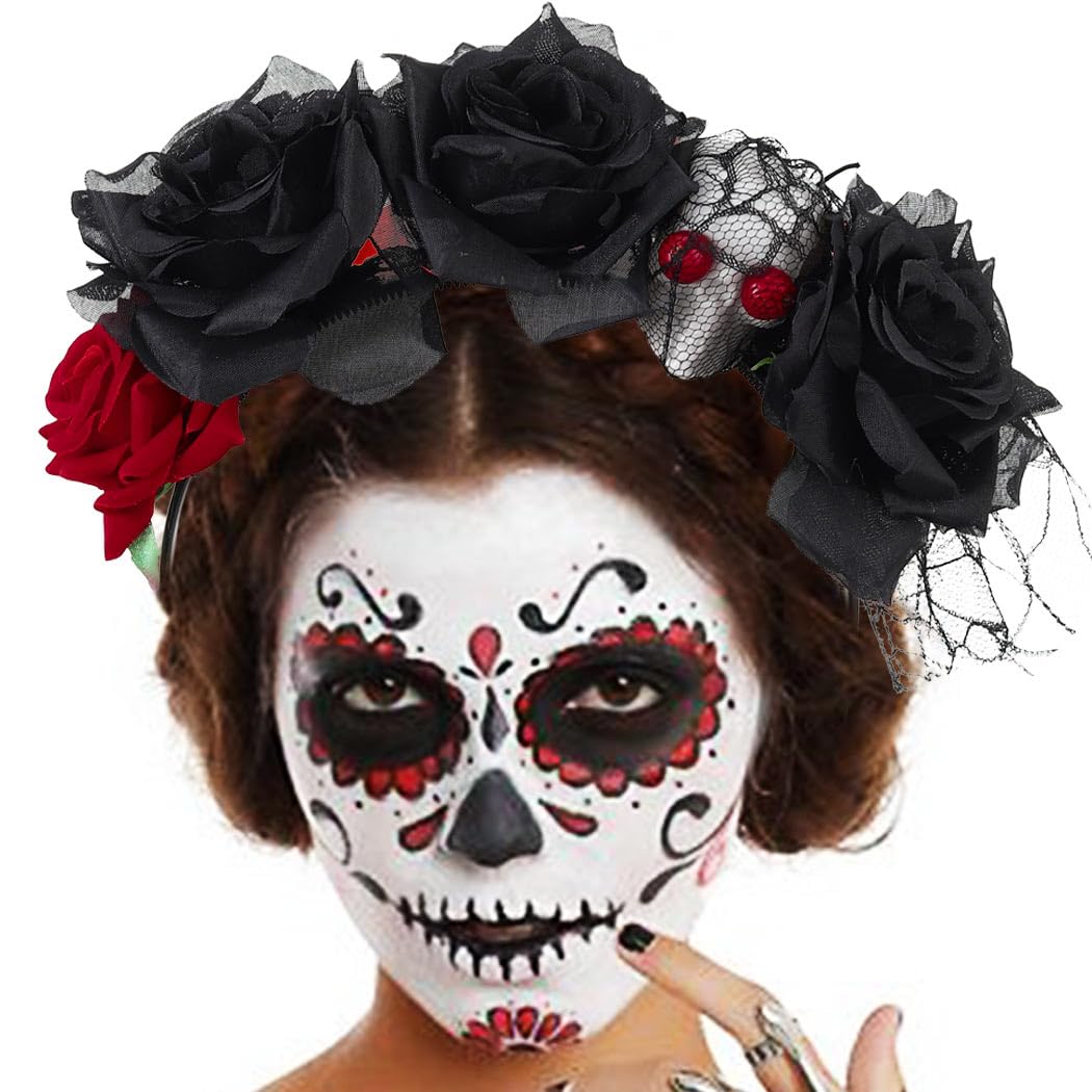 Zoestar Halloween Headband Mexican Rose Flower Hair Bands Skull Veil Hair Hoop Day of The Dead Party Costume Hair Accessories for Women