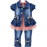 Peacolate Spring Autumn Little Girls Clothing Set 3pcs Long Sleeve T-Shirt Denim Jacket and Jeans