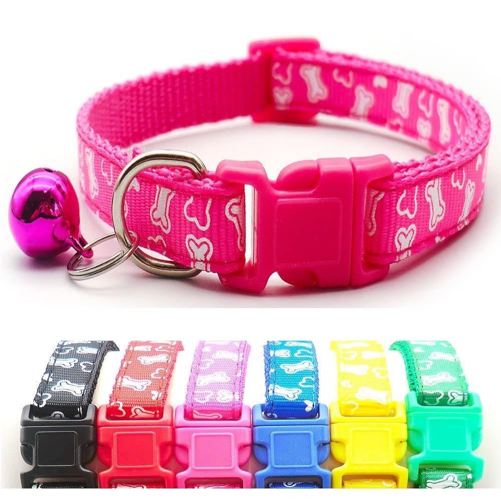 Small Dog Puppy Pet Collar White Bone Design with Bell Nylon Adjustable Size 19-32cm Pink