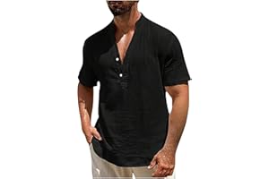 Linen Henley Shirts for Men Short Sleeve Hippie Casual T Shirt Beach Holiday Summer Tops Fashion Casual Pullover Tees