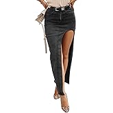 Wenrine Women's Sexy High Waist Denim Skirt Split Zip Up Jean Skirt Casual Maxi Skirt with Pockets