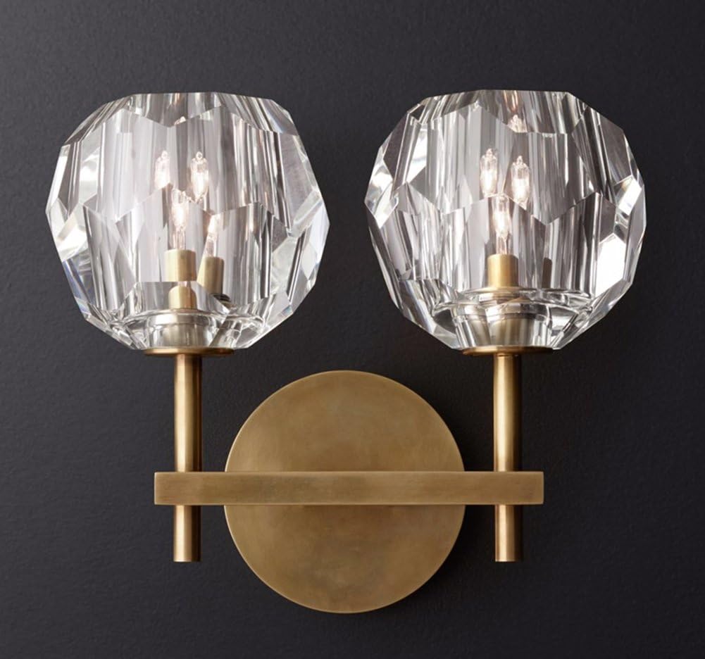 NOXARTE Top K9 Crystal Balls Wall Sconces Brass Material Body Rustic Industrial Vintage Gold Wall Mounted Light Flush Mount Wall Lights Two Crystal Globes Lampshade Wall Lamp W10" x H9"