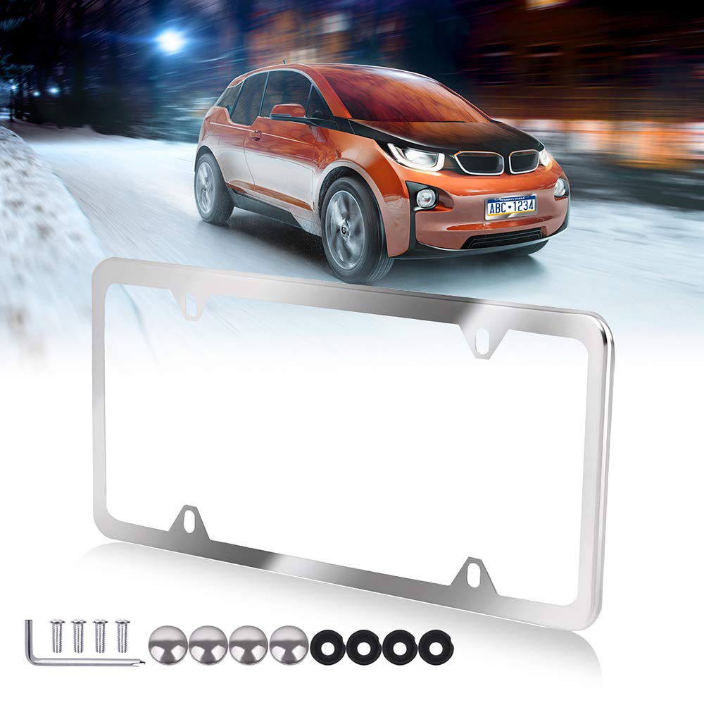 cciyu License Plates Frames Slim Silver Stainless Steel for Front Rear Car Bottom License Plate Frames 1Pcs 4 Holes Licenses Plate Covers for US Vehicles