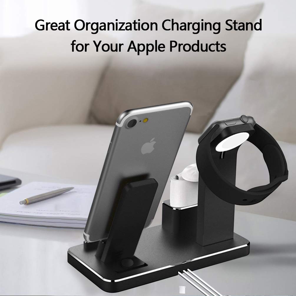 Tinfence Charging Stand for iWatch Charging Stand Dock Station for AirPods iWatch Series 4/3/2/1/ iPhone X/XS/XS Max/8/8Plus/7/7Plus/6S/6S Plus Black
