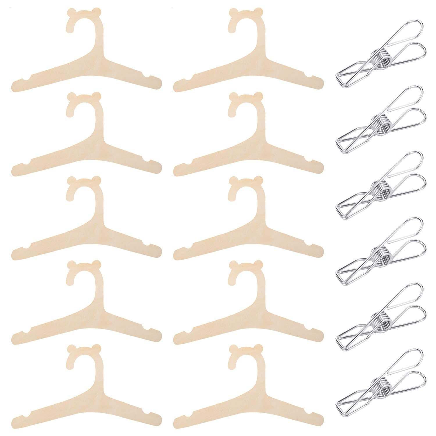10 Wooden Baby Clothes Hangers, 6 Drying Clips, Children's and Doll Hangers, Creative Home Accessories
