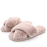 U-slide Women’s Cross Band Soft Plush Fluffy Furry Fleece House Indoor or Outdoor Ladies’ Slide Slippers, Powder Pink, L(9-10)