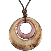 GelConnie Leather Necklace for Women Round Wooden Pendant Long Leather Choker Vintage Sweater Necklace Gold Chunky Boho Necklaces for Women