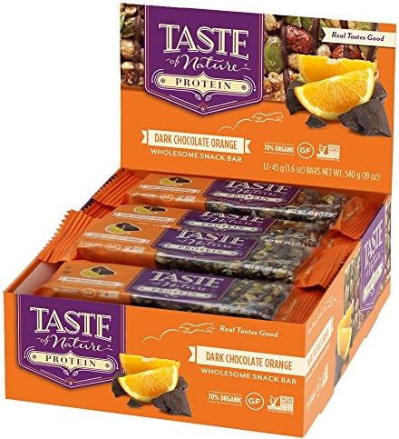 Taste of Nature Dark Chocolate Protein Snack Bars, Orange, 12 Count (Pack of 12)