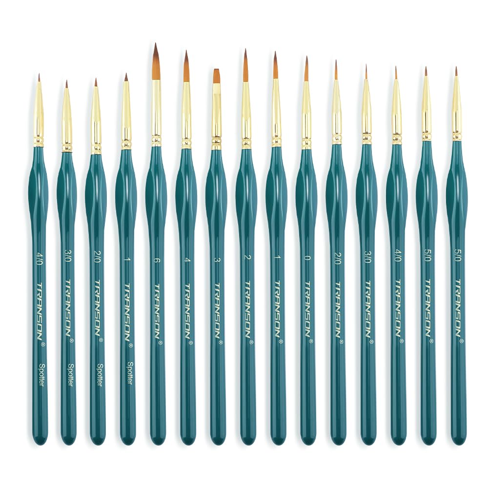 Transon 15-Piece Fine Detail Miniature Painting Brush Set for Acrylics, Watercolors, Crafts, Rocks & Face Painting