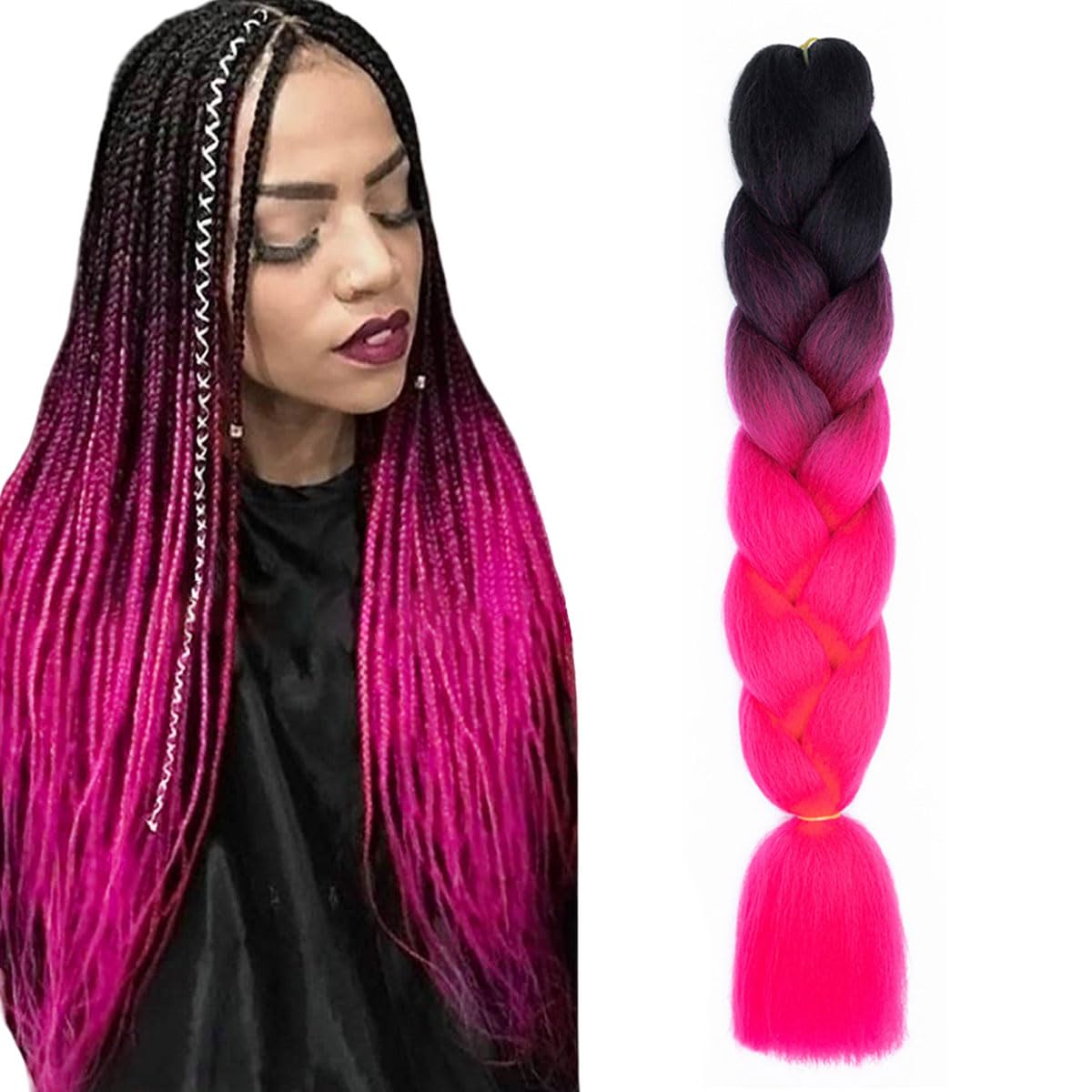 prinfantasy Pre Stretched Braiding Hair Ombre Braids Kanekalon Fiber Crochet Hair Extensions for Braiding Black and Pink GBBZ043 — image 1